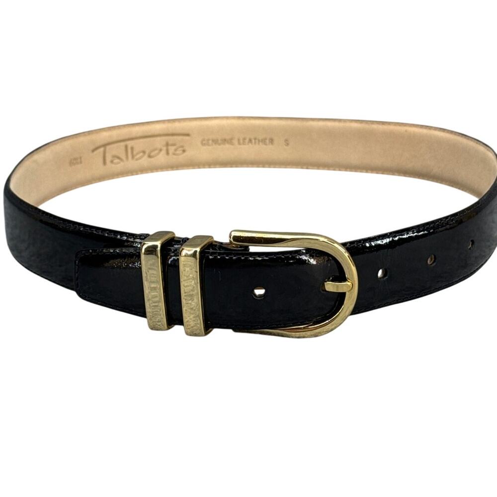 Talbots Black Patent Leather Belt with Gold Buckle Accents
